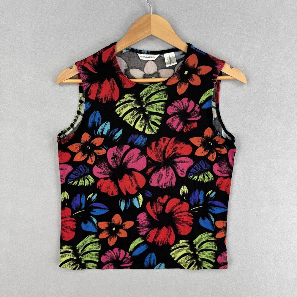 Vintage Laura Ashley Tank Top Womens Small Black Tropical Floral Stretch CuteY2K